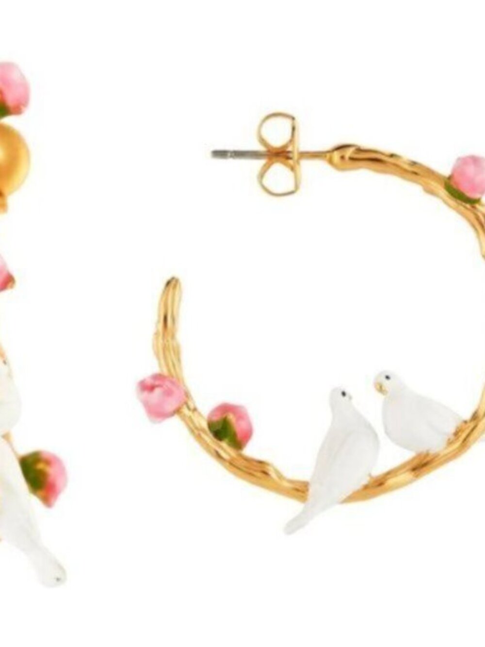 Les Nereides DOVE COUPLE AND SMALL PEONIES HOOP EARRINGS - Picture 5 of 6